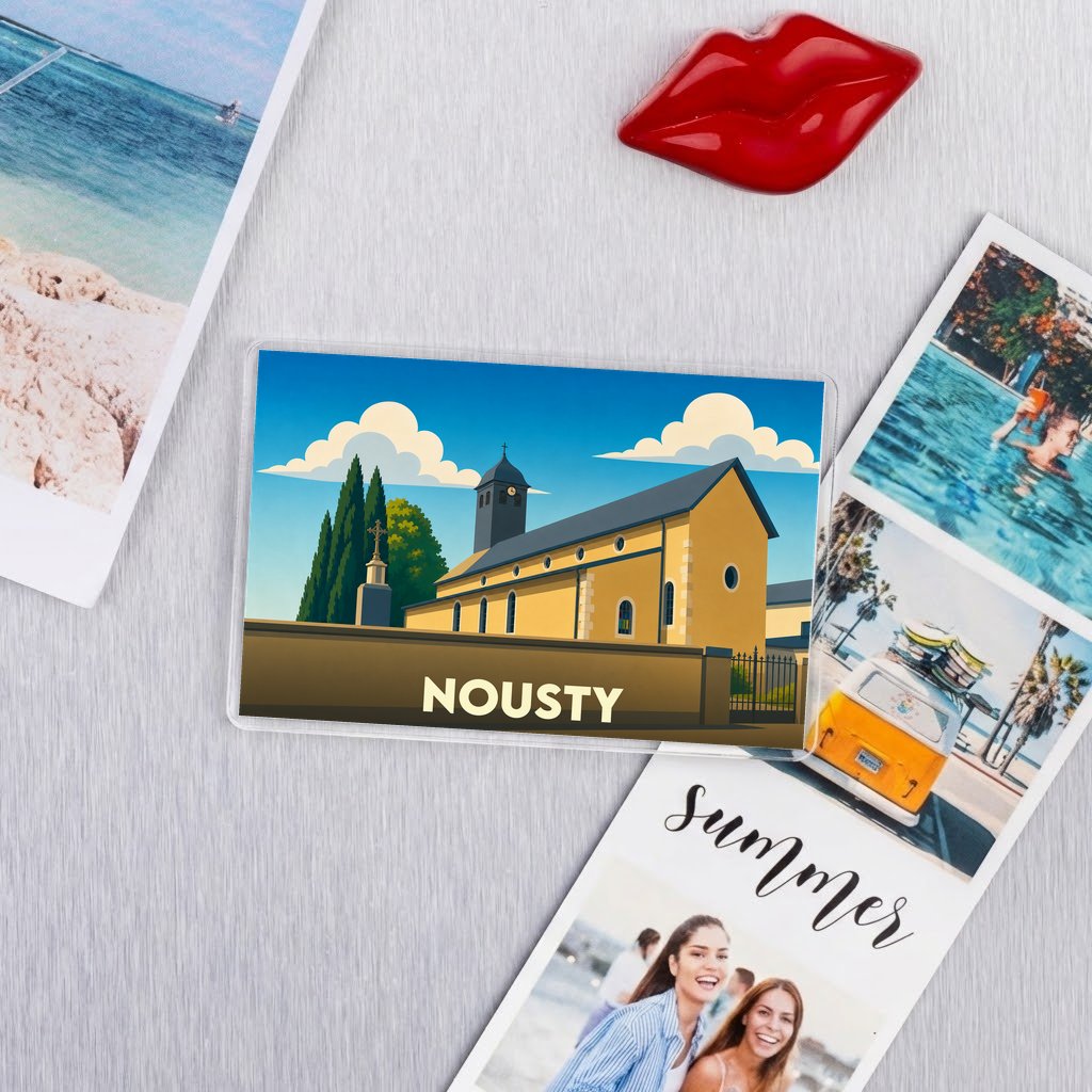 Magnet souvenir de la ville de Nousty avec une illustration stylisée de son église.