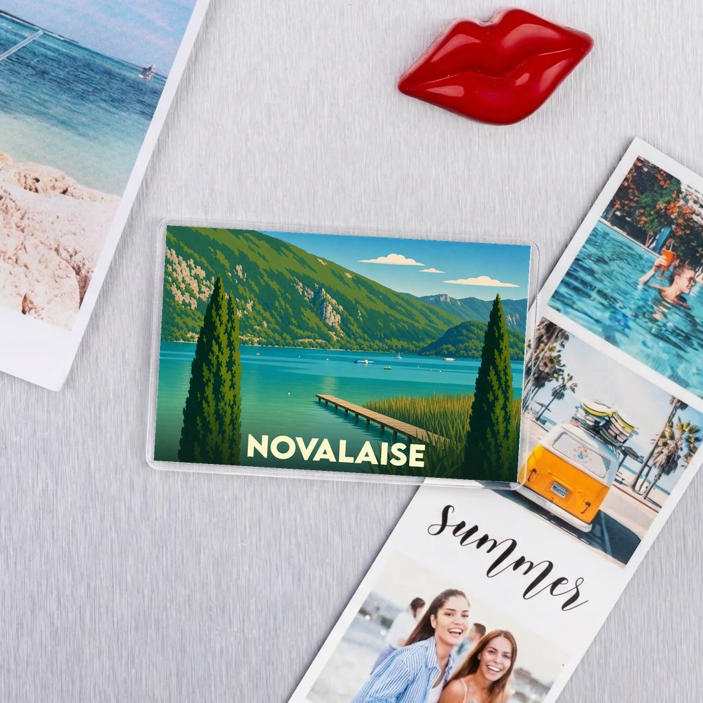 Magnet souvenir de la ville de Novalaise avec une illustration stylisée d'un lac de montagne.