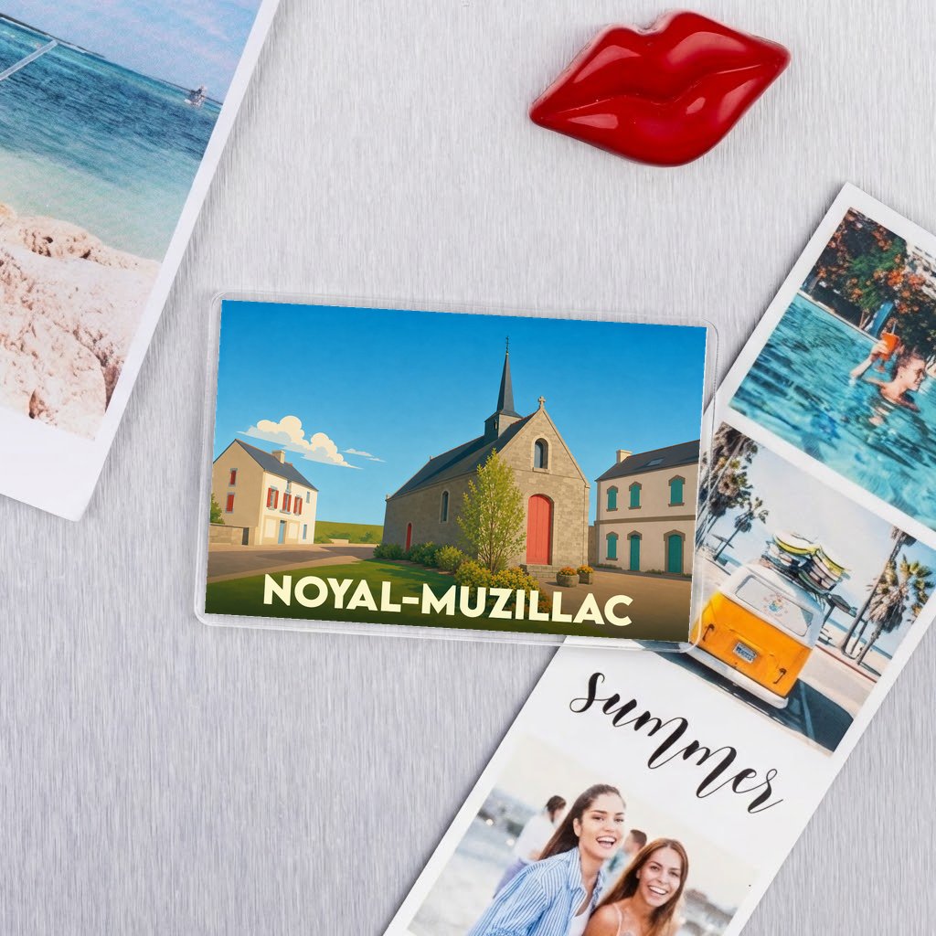 Magnet souvenir de la ville de Noyal-Muzillac avec une illustration stylisée.