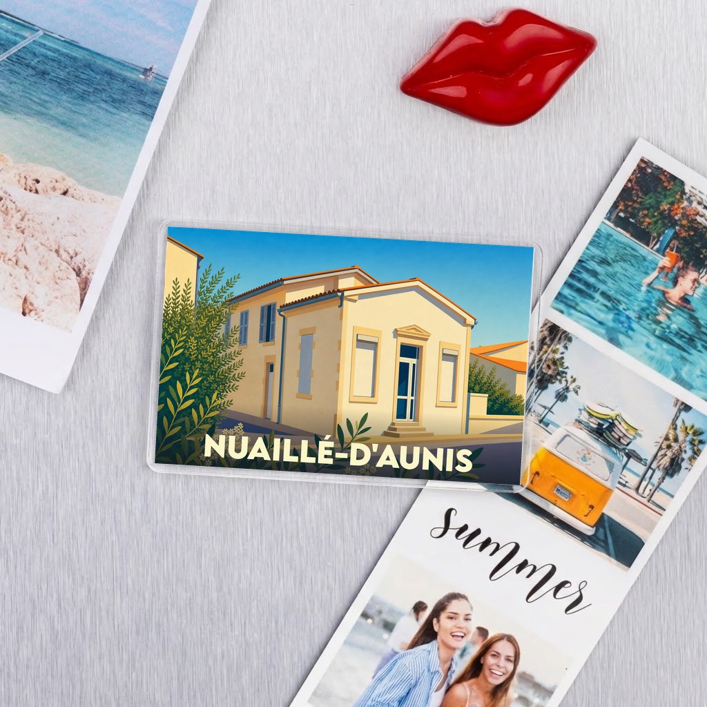 Magnet souvenir de la ville de Nuaillé-d'Aunis avec une illustration stylisée.