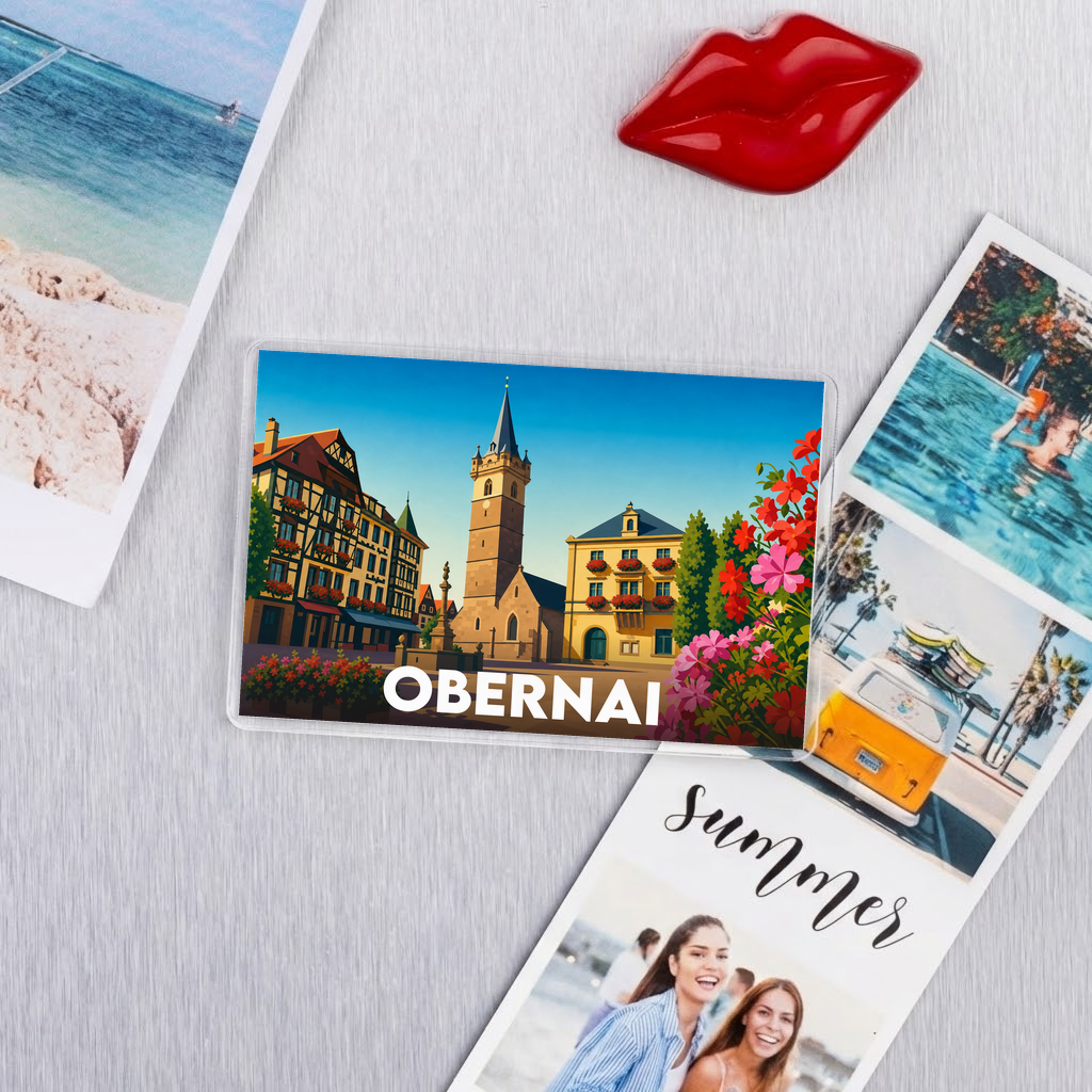 Magnet souvenir de la ville d'Obernai avec une illustration colorée et stylisée.