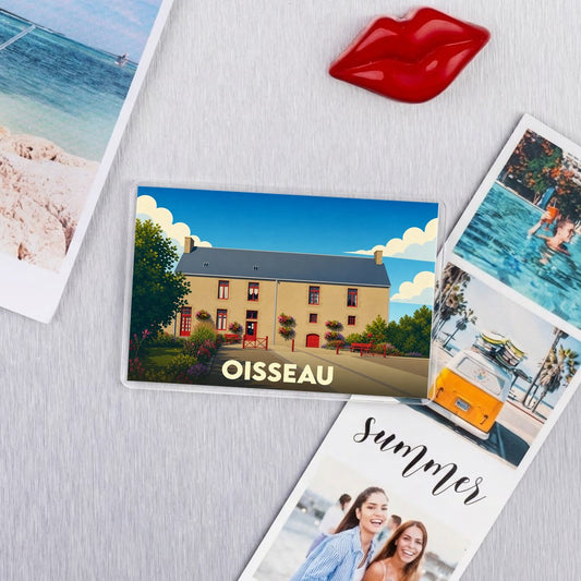 Magnet souvenir de la ville de Oisseau avec une illustration stylisée d'un bâtiment traditionnel.