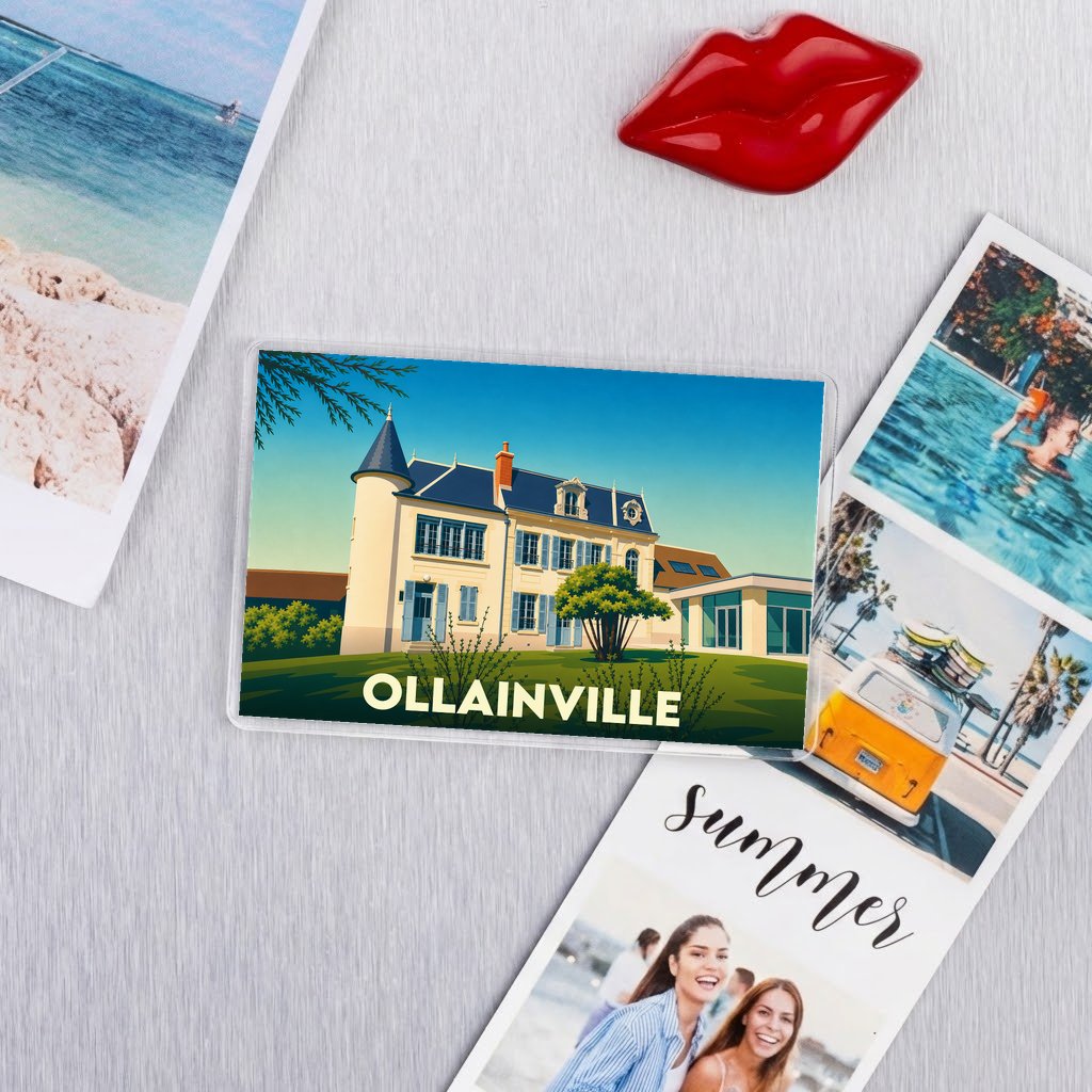 Magnet souvenir de la ville d'Ollainville avec une illustration stylisée de son architecture.