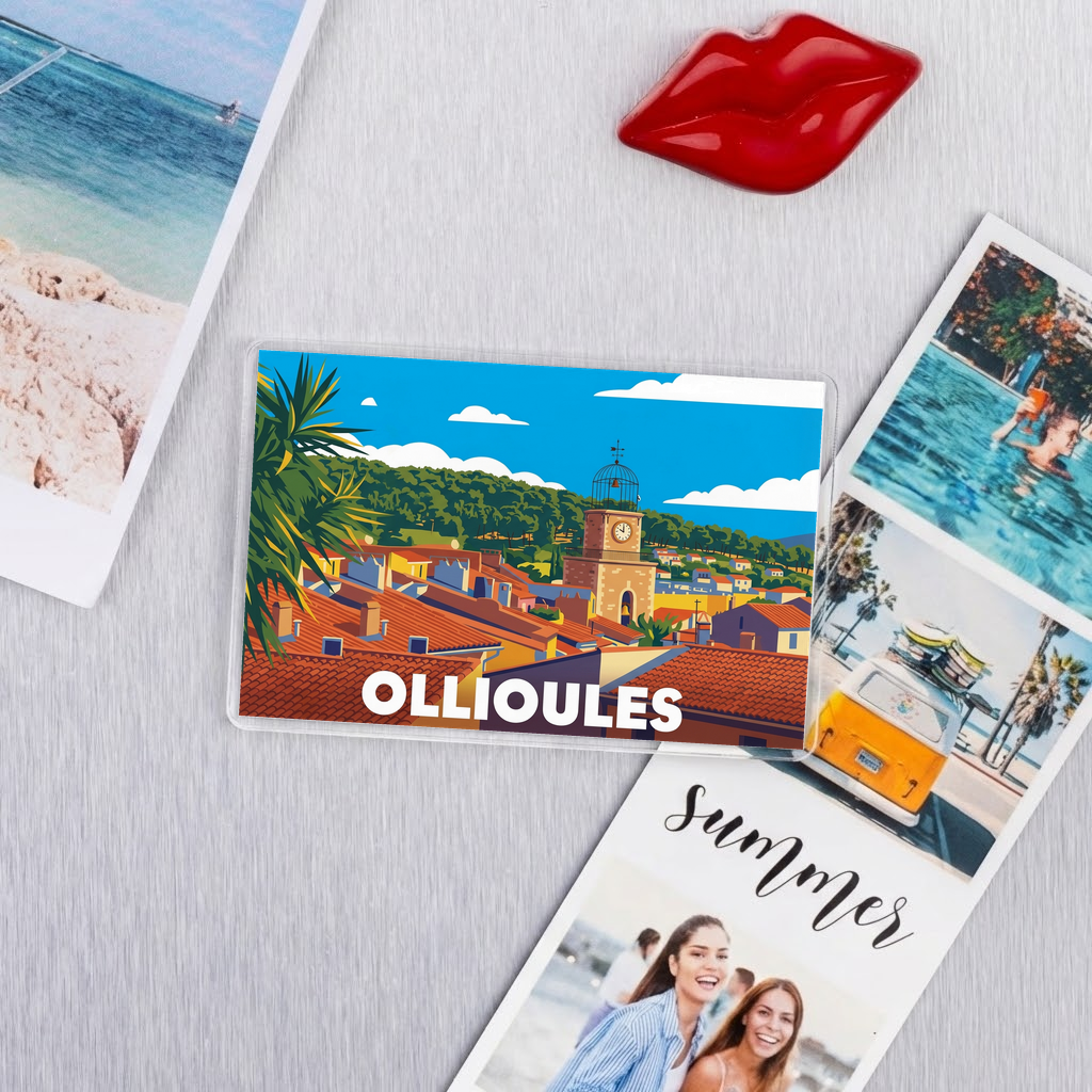 Magnet souvenir de la ville d'Ollioules avec une illustration stylisée de son clocher et de ses toits.