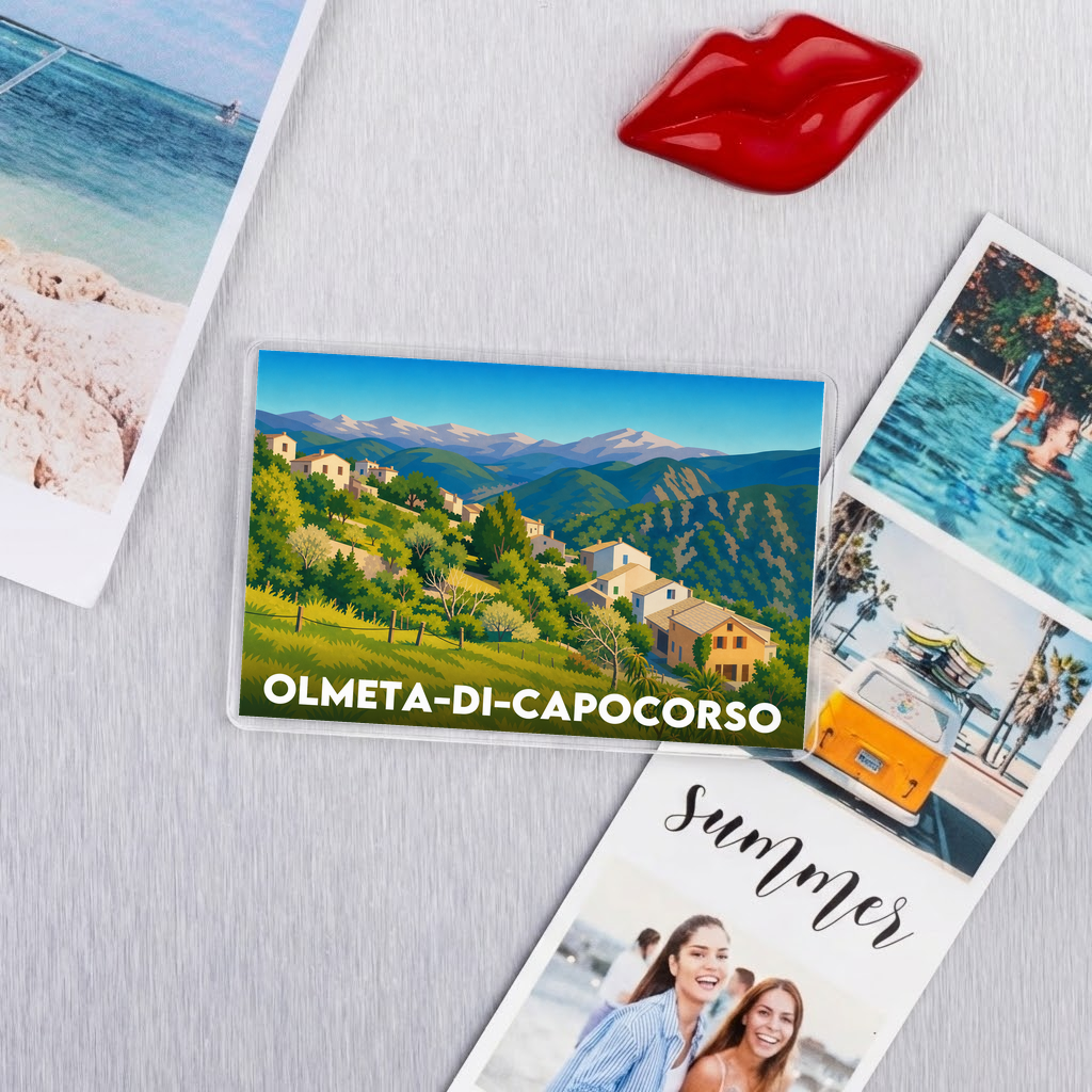 Magnet souvenir de la ville de Olmeta-di-Capocorso avec une illustration stylisée de son paysage.