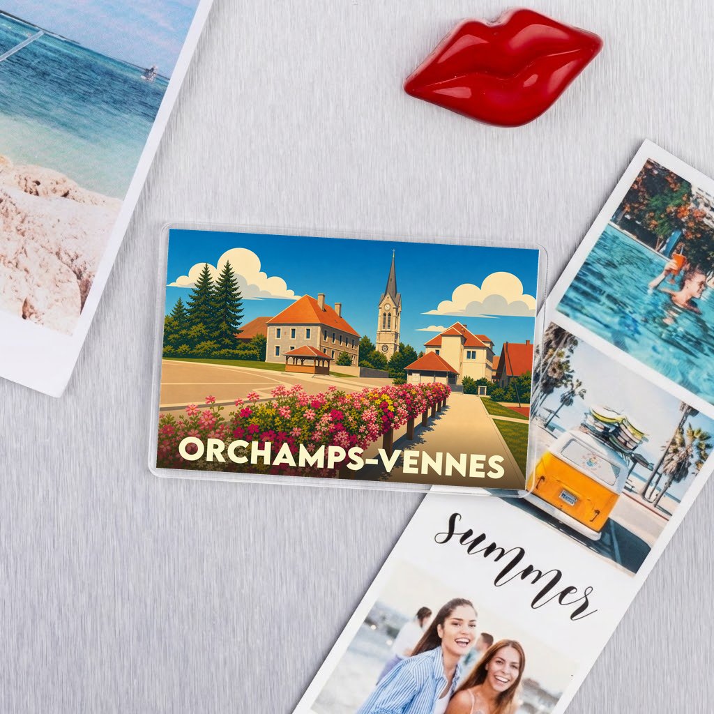Magnet souvenir de la ville de Orchamps-Vennes avec une illustration stylisée.