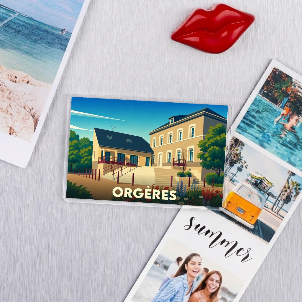 Magnet souvenir de la ville d'Orgères avec une illustration stylisée.