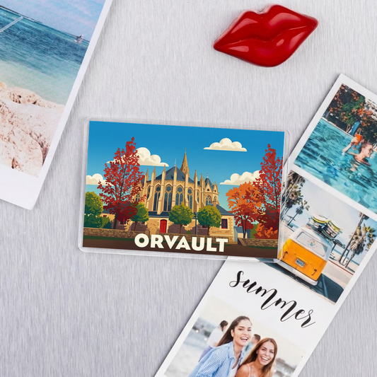 Magnet souvenir de la ville d'Orvault avec une illustration stylisée.