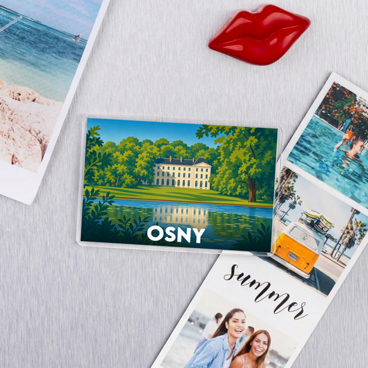 Magnet souvenir de la ville d'Osny avec une illustration stylisée du château et de son parc.