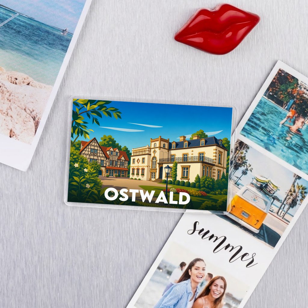Magnet souvenir de la ville d'Ostwald avec une illustration stylisée de son architecture.