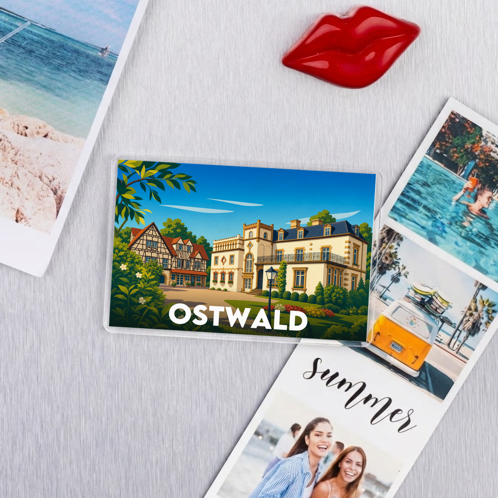 Magnet souvenir de la ville d'Ostwald avec une illustration stylisée de son architecture.