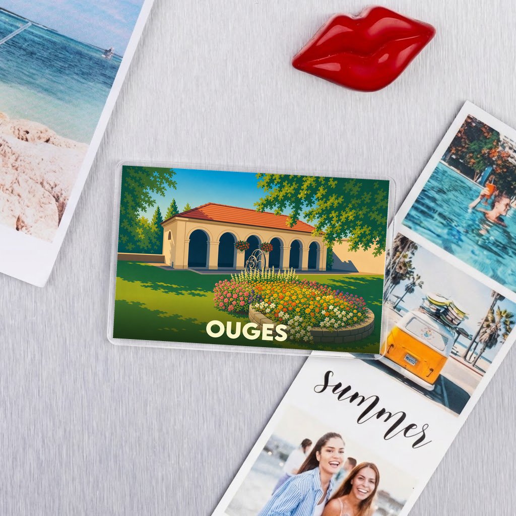 Magnet souvenir de la ville d'Ouges représentant une illustration stylisée de son patrimoine.