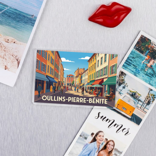 Magnet souvenir de la ville de Oullins-Pierre-Bénite avec une illustration stylisée.