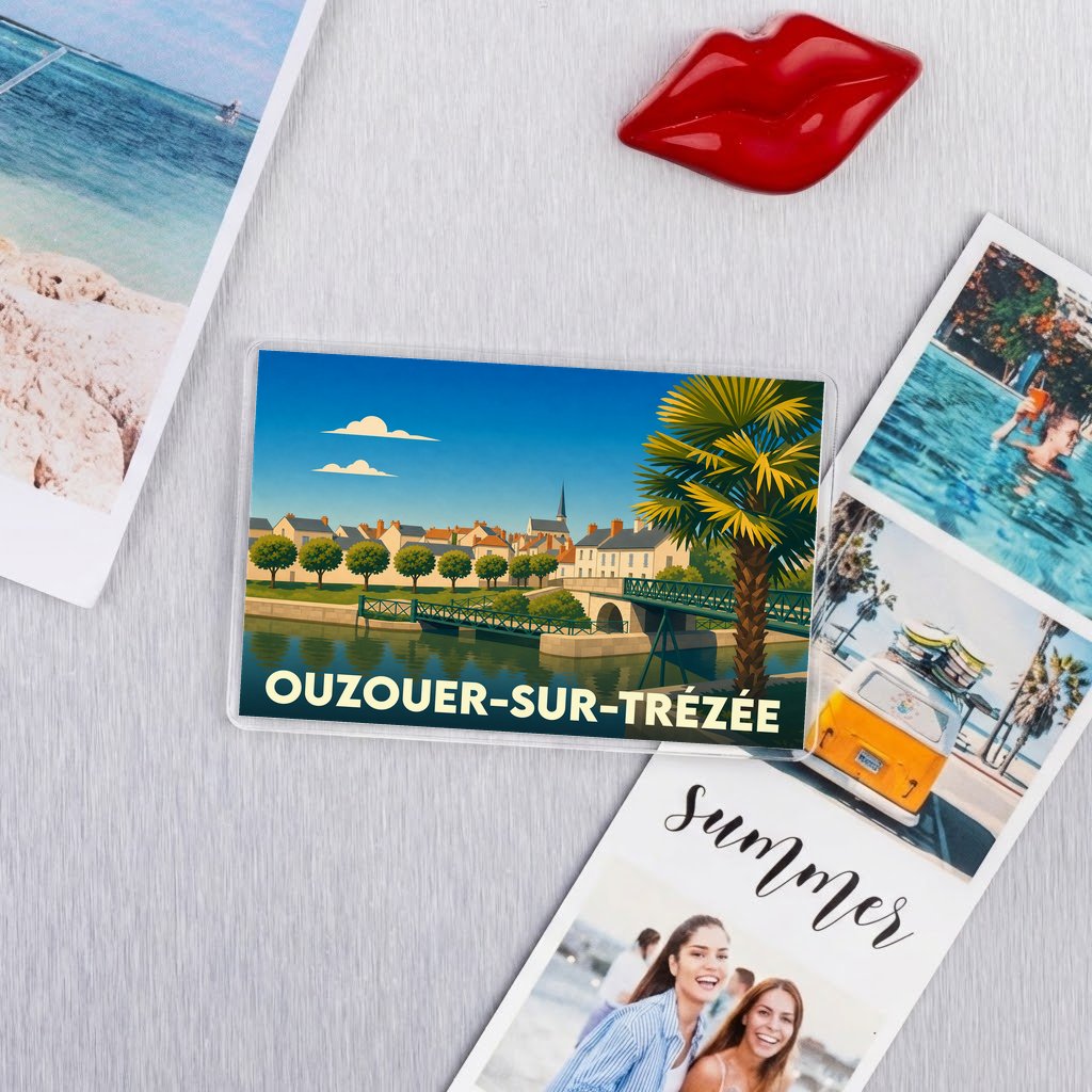 Magnet rectangulaire souvenir de la ville de Ouzouer-sur-Trézée avec une illustration stylisée d'un pont et d'un palmier.