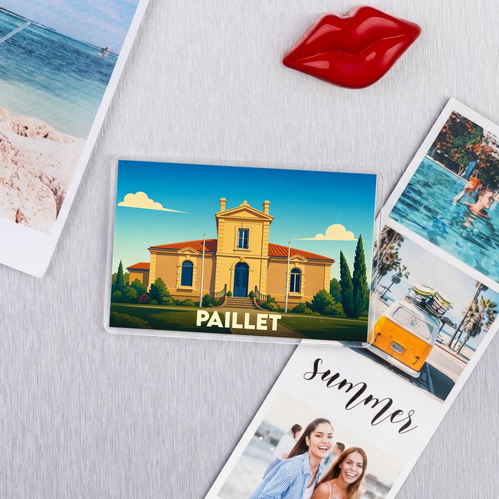 Magnet souvenir de la ville de Paillet avec une illustration stylisée de sa mairie.