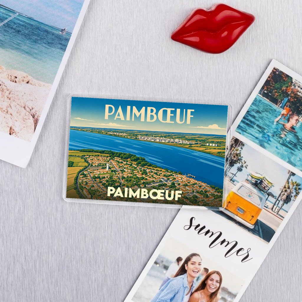 Magnet souvenir de la ville de Paimbœuf avec une illustration panoramique stylisée.