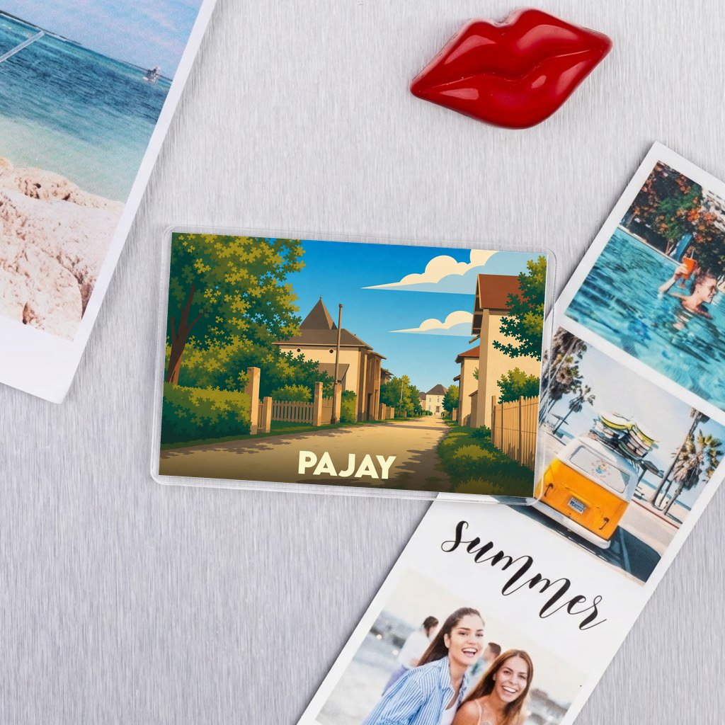 Magnet souvenir de la ville de Pajay avec une illustration stylisée.