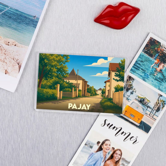 Magnet souvenir de la ville de Pajay avec une illustration stylisée.