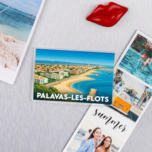 Magnet souvenir de la ville de Palavas-les-Flots avec une illustration stylisée du littoral.