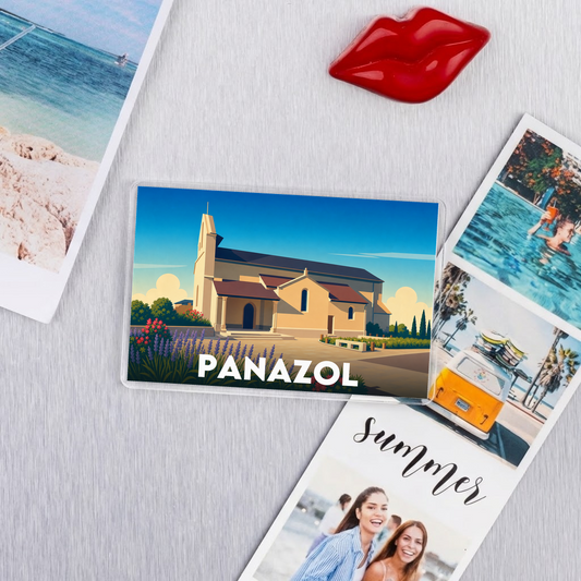 Magnet souvenir de la ville de Panazol avec une illustration stylisée de son église.