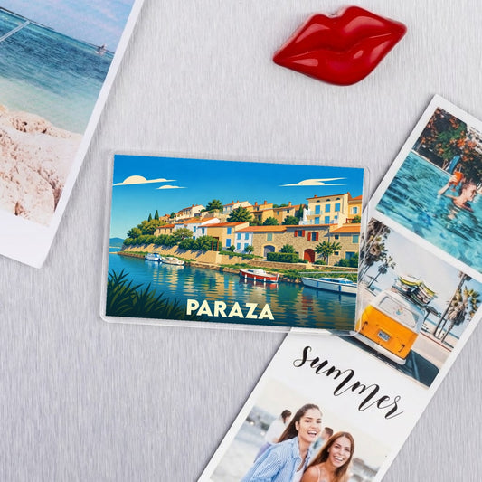 Magnet souvenir de la ville de Paraza avec une illustration stylisée.