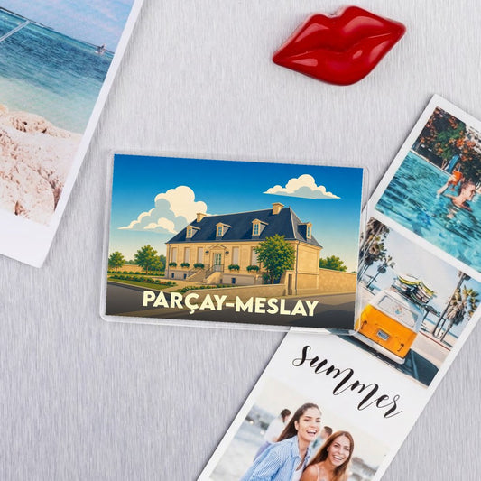 Magnet souvenir de la ville de Parçay-Meslay avec une illustration stylisée.
