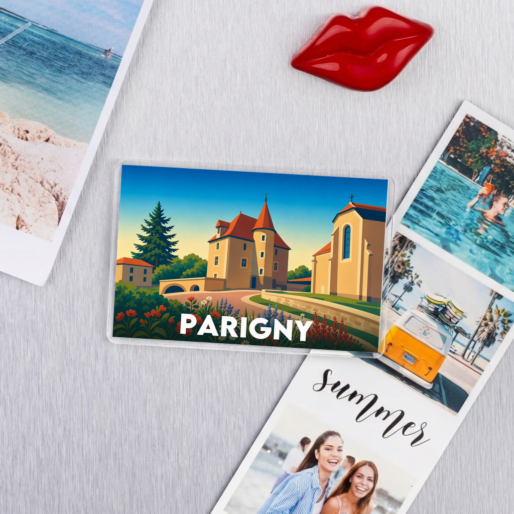 Magnet souvenir de la ville de Parigny avec une illustration stylisée de son patrimoine.