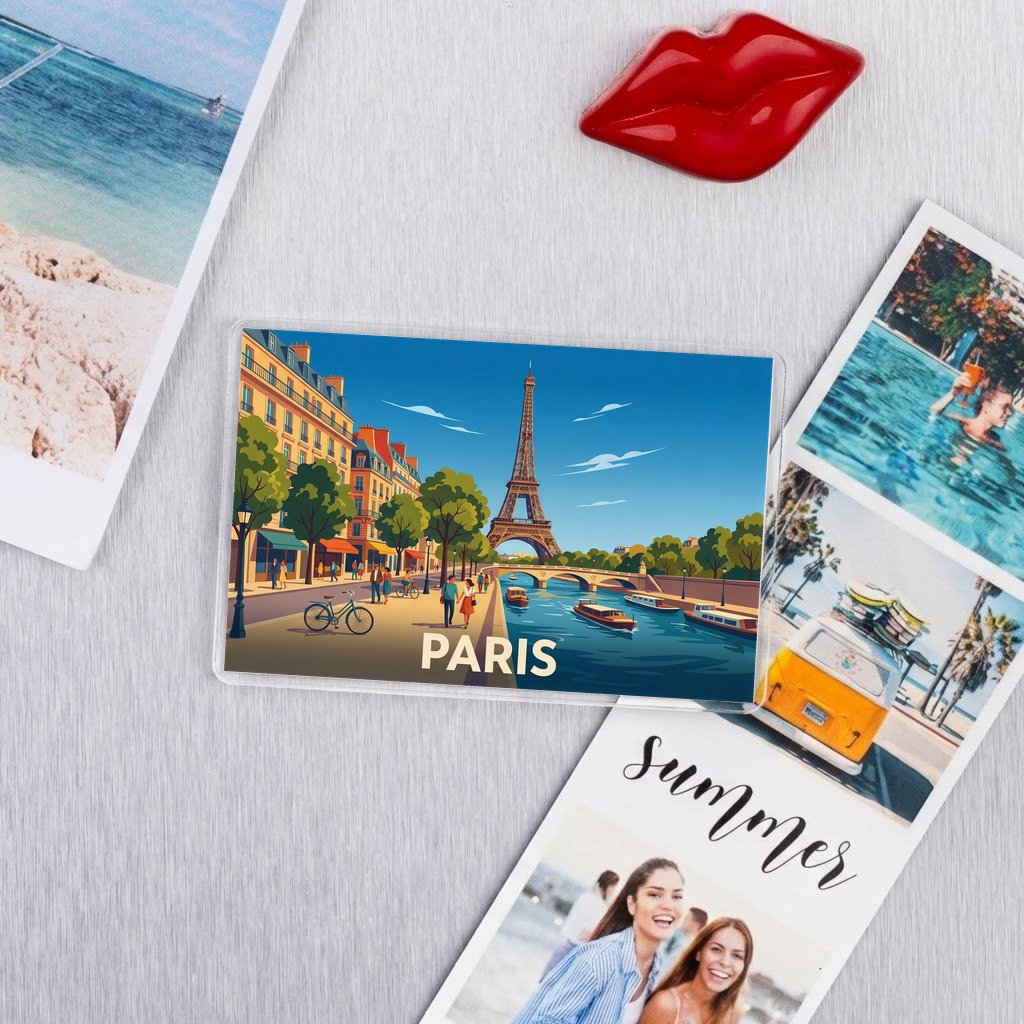 Magnet souvenir de la ville de Paris avec une illustration stylisée.