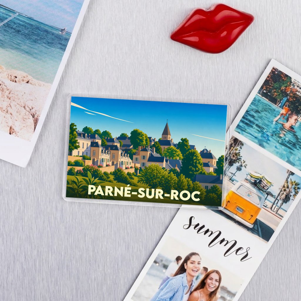 Magnet souvenir de la ville de Parné-sur-Roc avec une illustration paysagère stylisée.