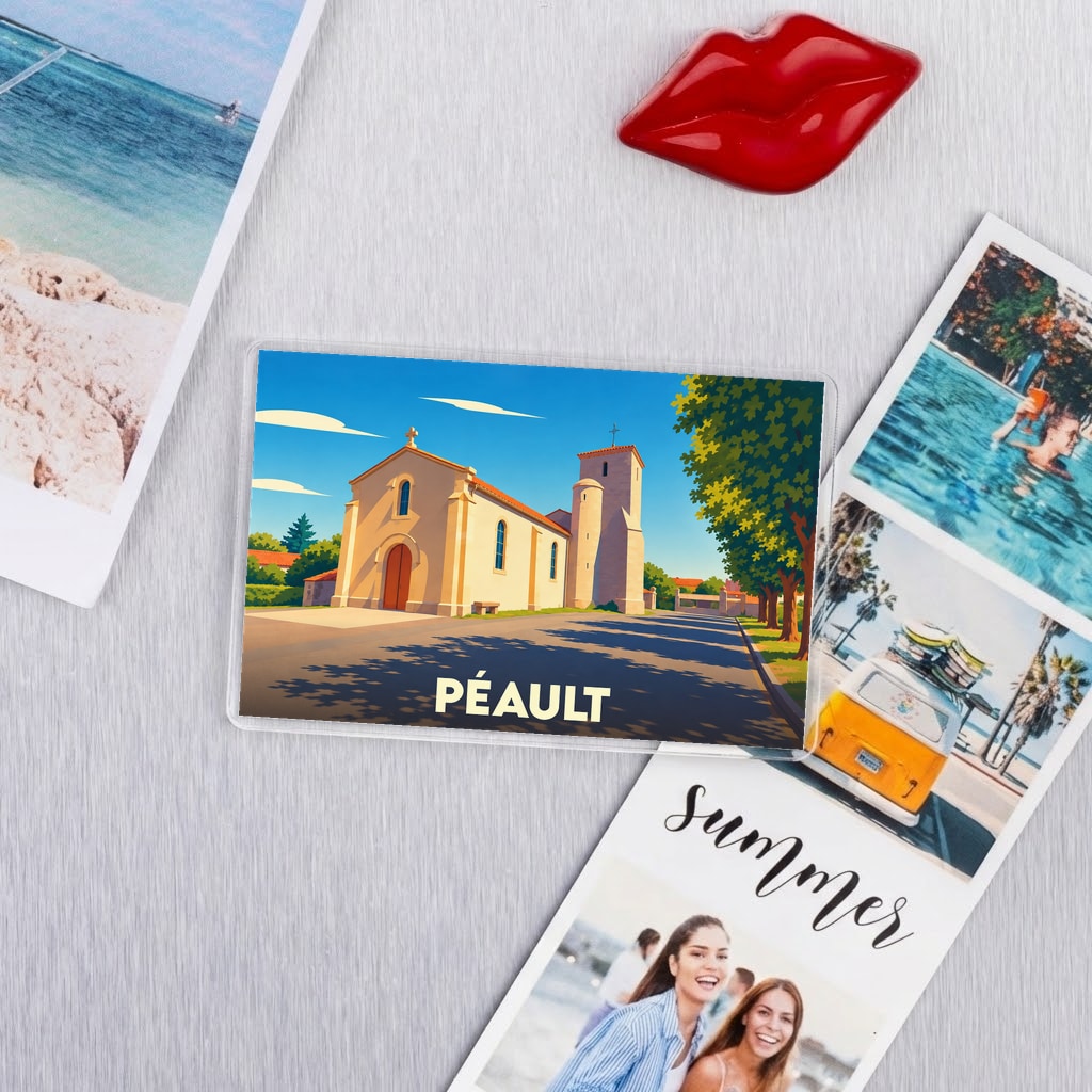 Magnet souvenir de la ville de Péault avec une illustration stylisée de son église.