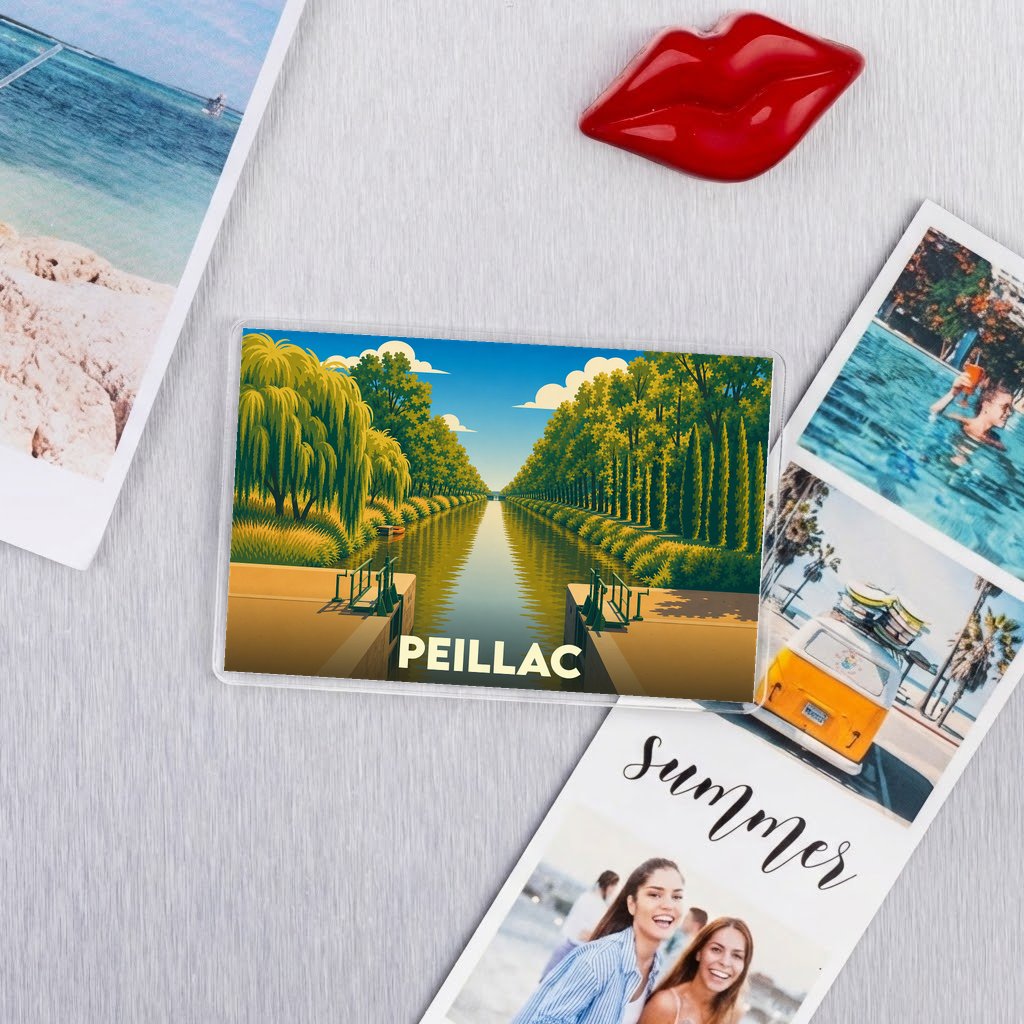 Magnet souvenir de la ville de Peillac avec une illustration stylisée d'un canal bordé d'arbres.