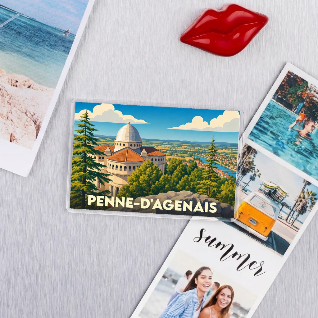 Magnet souvenir de la ville de Penne-d'Agenais avec une illustration panoramique stylisée.