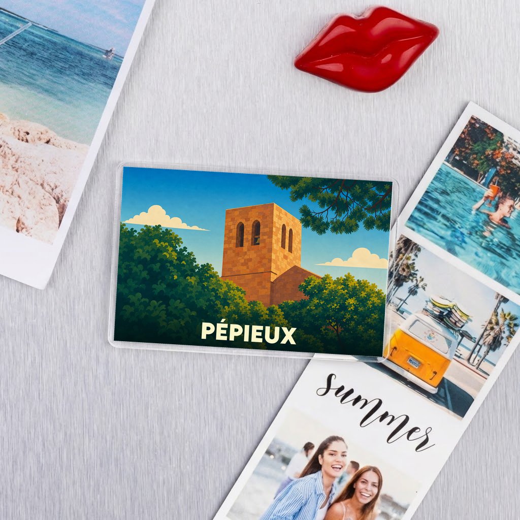 Magnet souvenir de la ville de Pépieux avec une illustration stylisée de son église entourée de végétation.