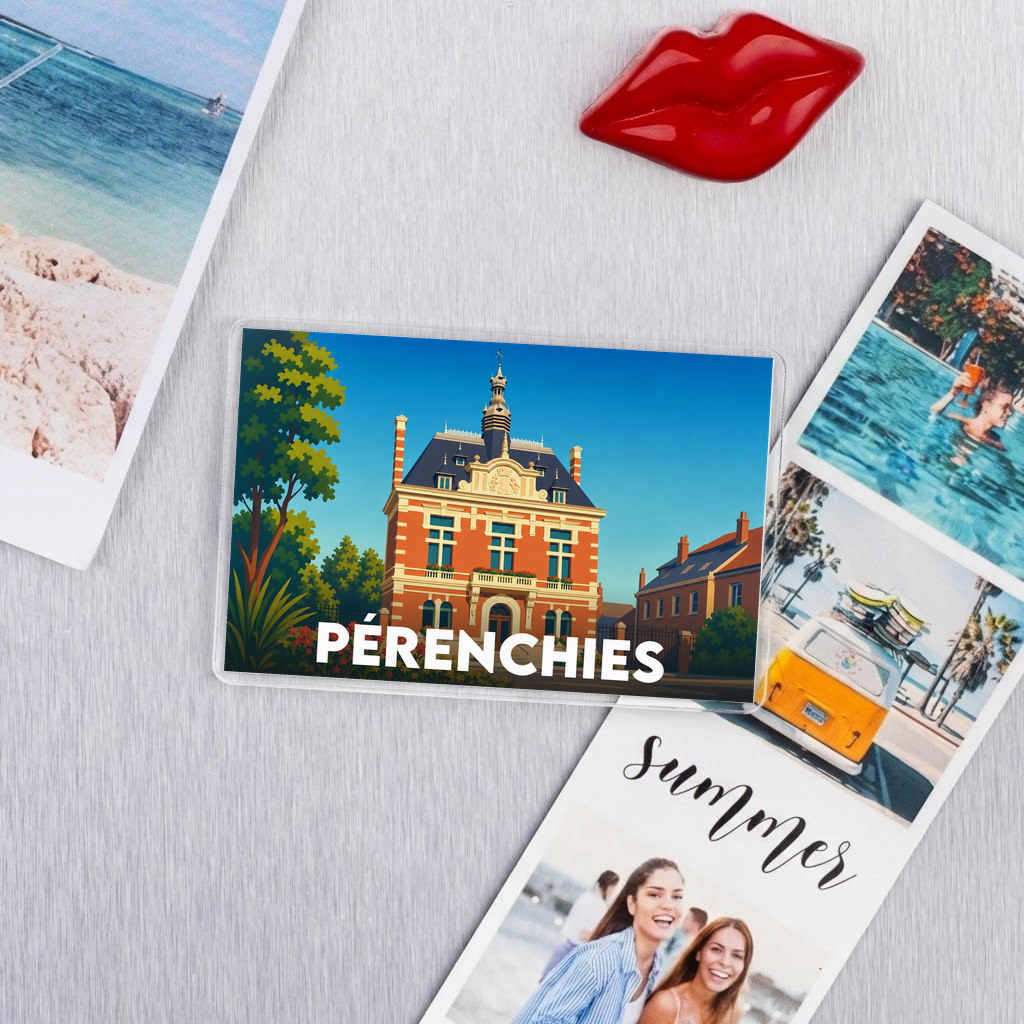 Magnet souvenir de la ville de Pérenchies avec une illustration stylisée de son hôtel de ville.