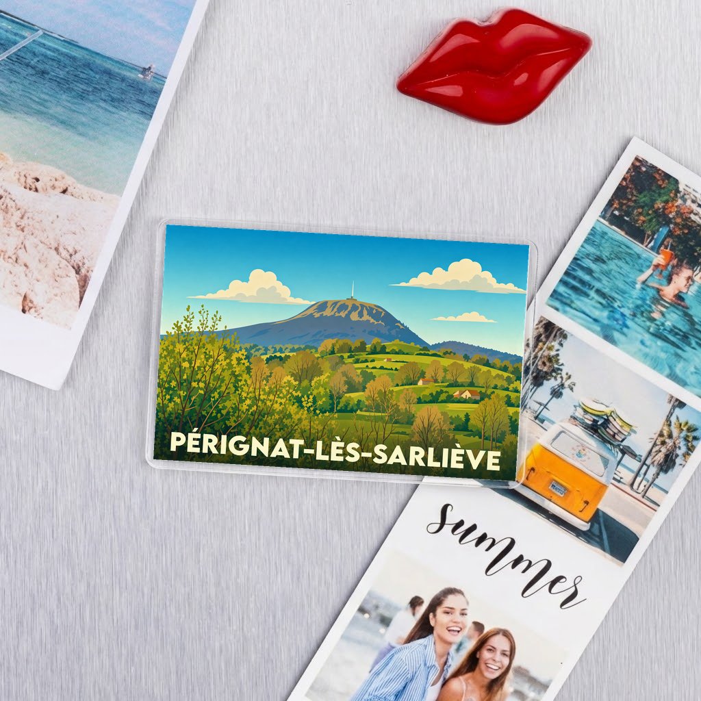 Magnet souvenir de la ville de Pérignat-lès-Sarliève avec une illustration de paysage champêtre.