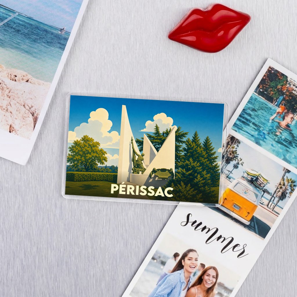 Magnet souvenir de la ville de Périssac avec une illustration stylisée d'un monument local.