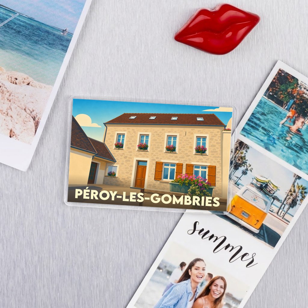 Magnet souvenir de la ville de Péroy-les-Gombries avec une illustration stylisée d'une maison en pierre fleurie.