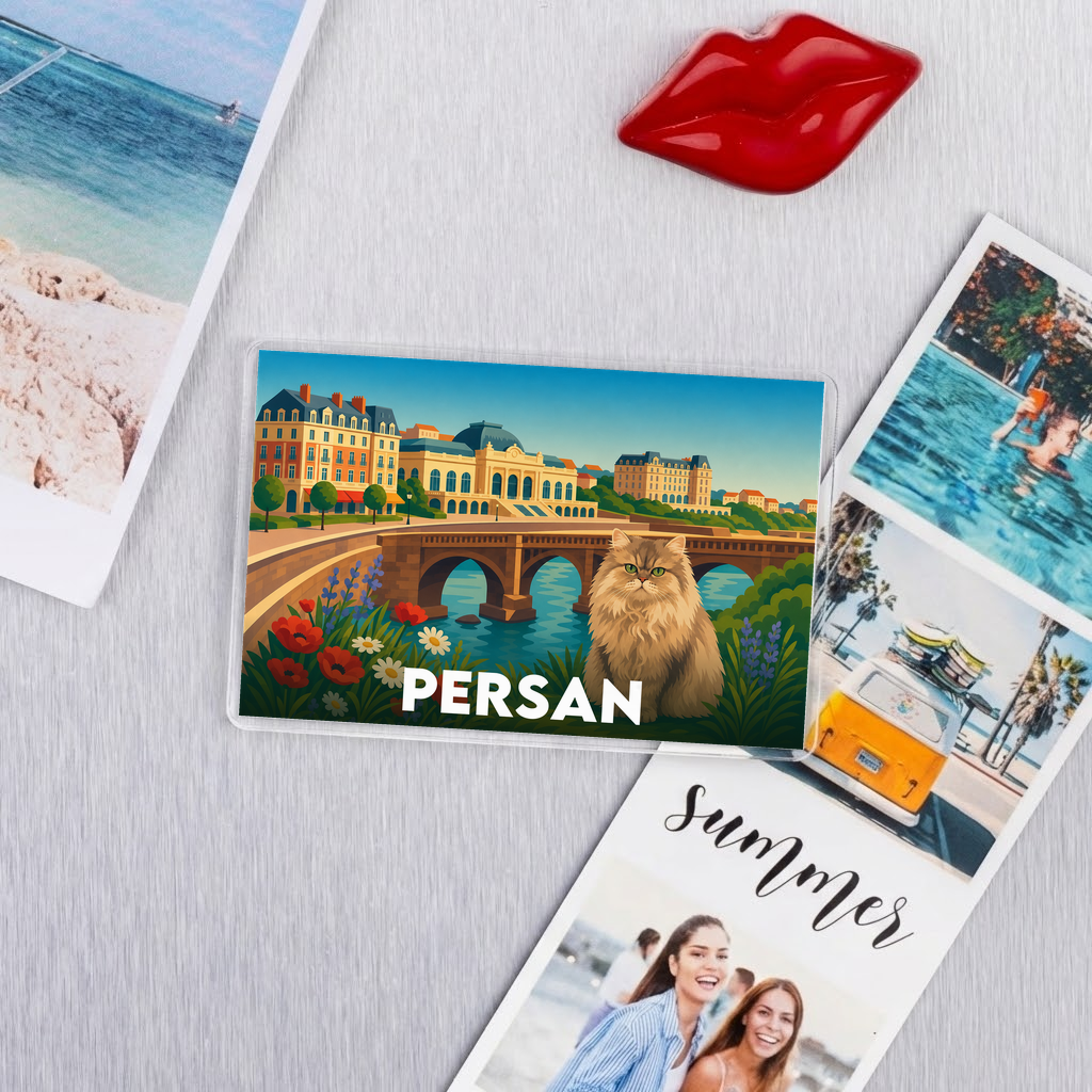 Magnet souvenir de la ville de Persan avec une illustration stylisée d'un chat devant un pont.