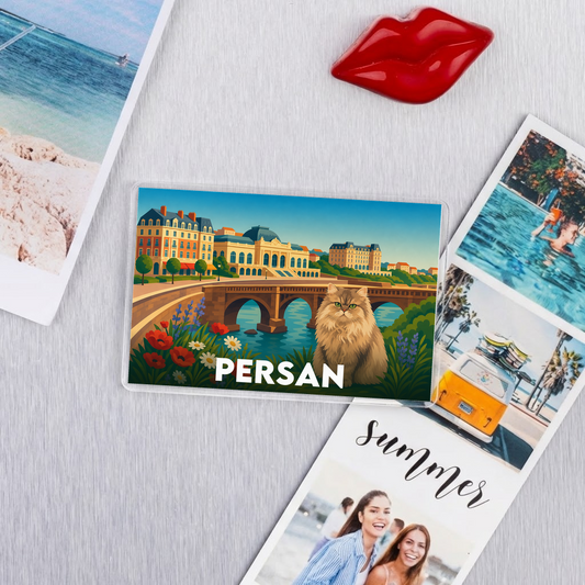 Magnet souvenir de la ville de Persan avec une illustration stylisée d'un chat devant un pont.
