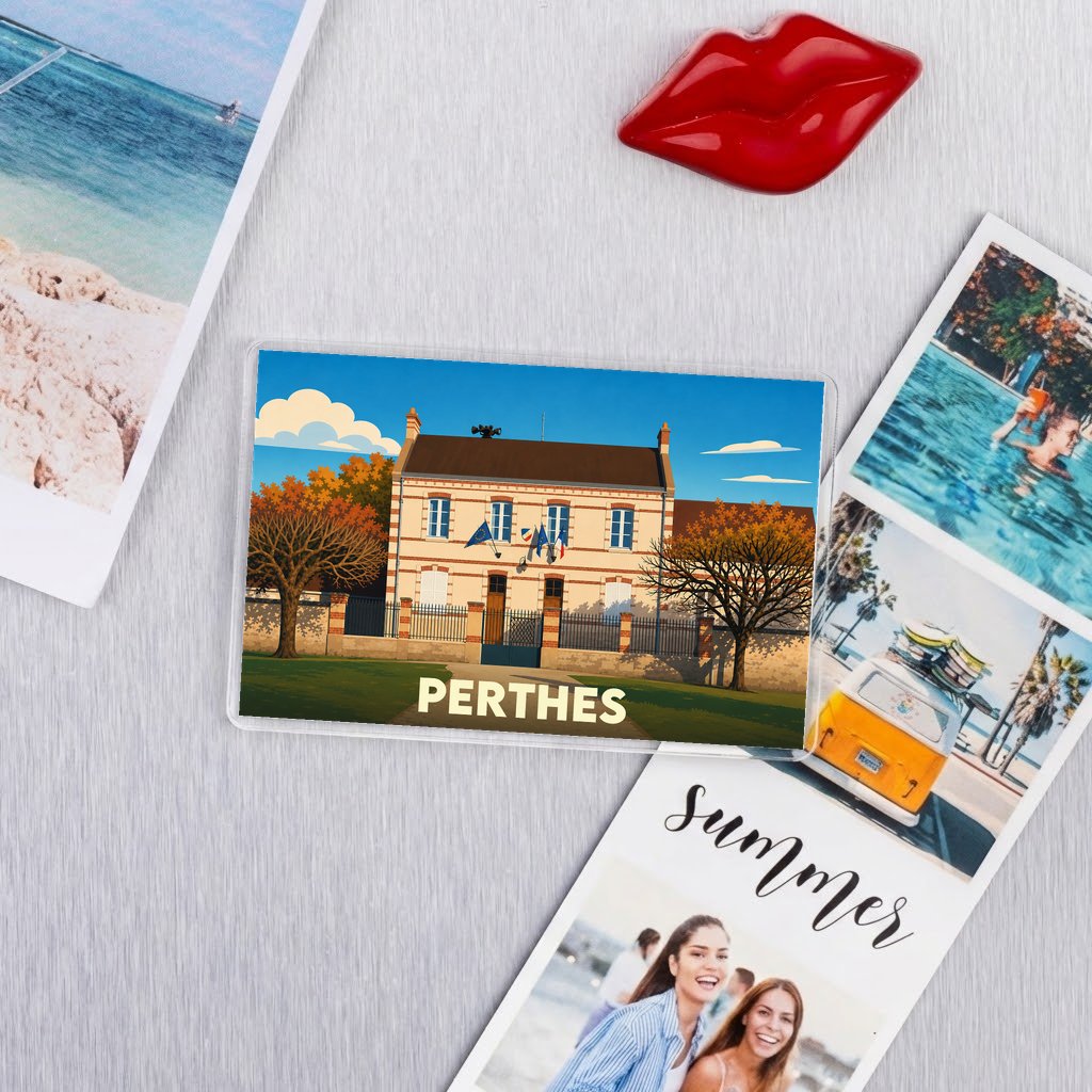 Magnet souvenir de la ville de Perthes avec une illustration stylisée de sa mairie.