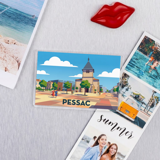 Magnet souvenir de la ville de Pessac avec une illustration stylisée.