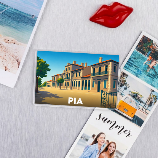Magnet souvenir de la ville de Pia avec une illustration stylisée.