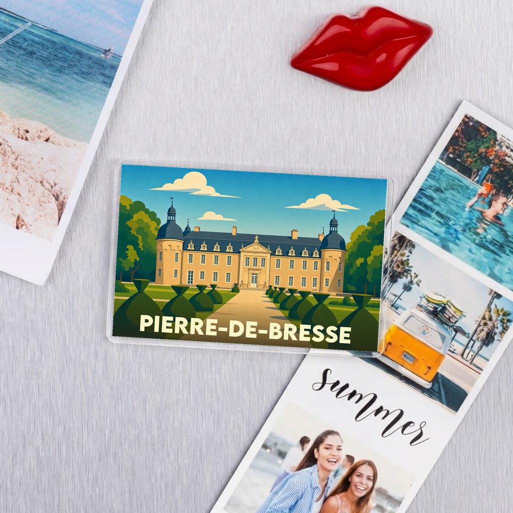 Magnet souvenir de la ville de Pierre-de-Bresse avec une illustration stylisée de son château.