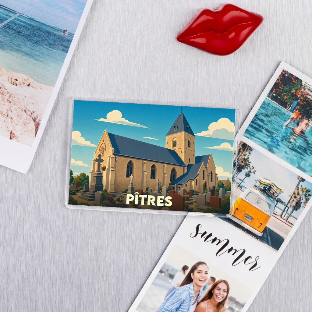 Magnet souvenir de la ville de Pîtres illustré par une église stylisée et son cimetière.