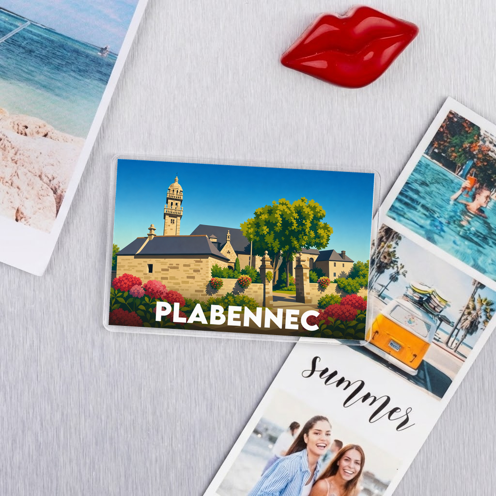 Magnet souvenir de la ville de Plabennec avec une illustration stylisée.