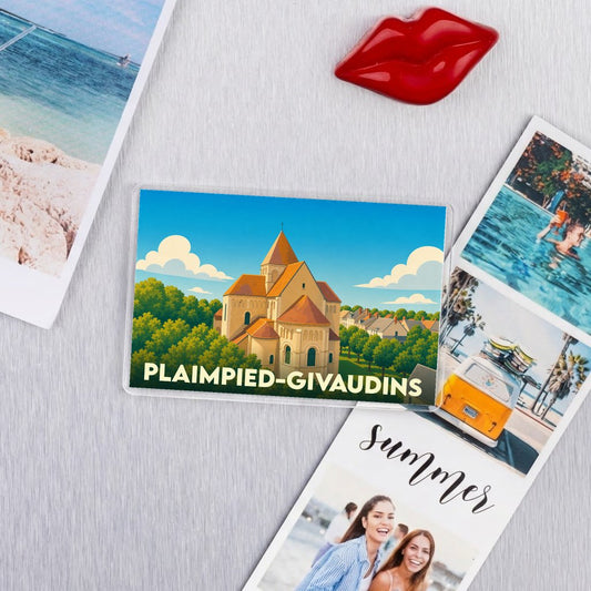 Magnet souvenir de la ville de Plaimpied-Givaudins avec une illustration stylisée.