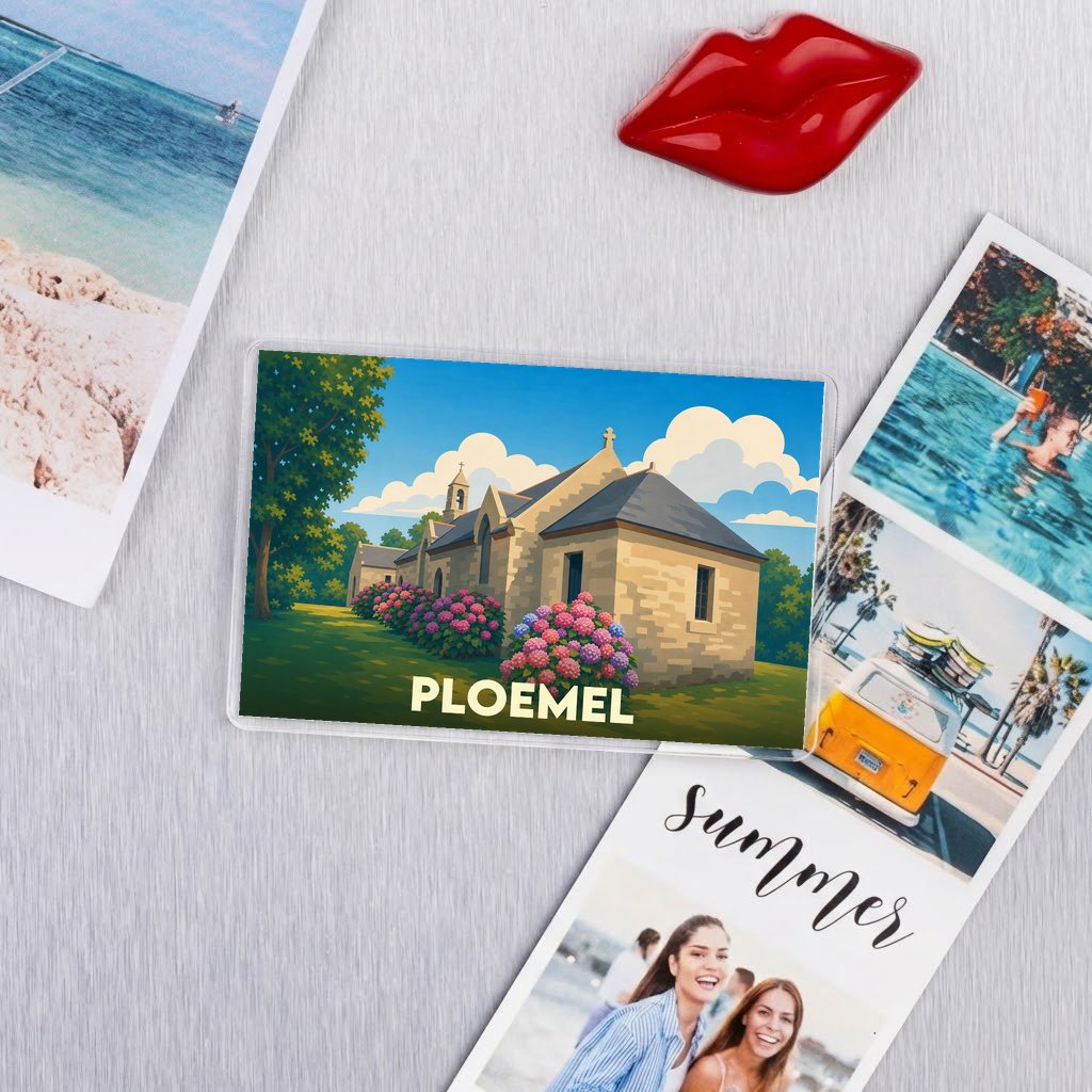 Magnet souvenir de la ville de Ploemel avec une illustration stylisée.