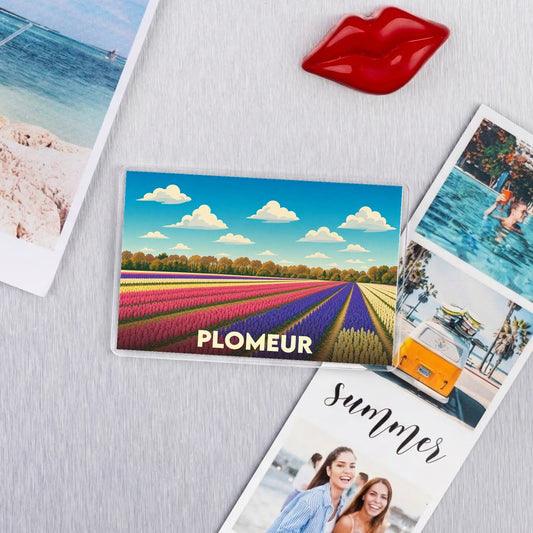 Magnet souvenir de la ville de Plomeur représentant un champ de fleurs coloré sous un ciel bleu.