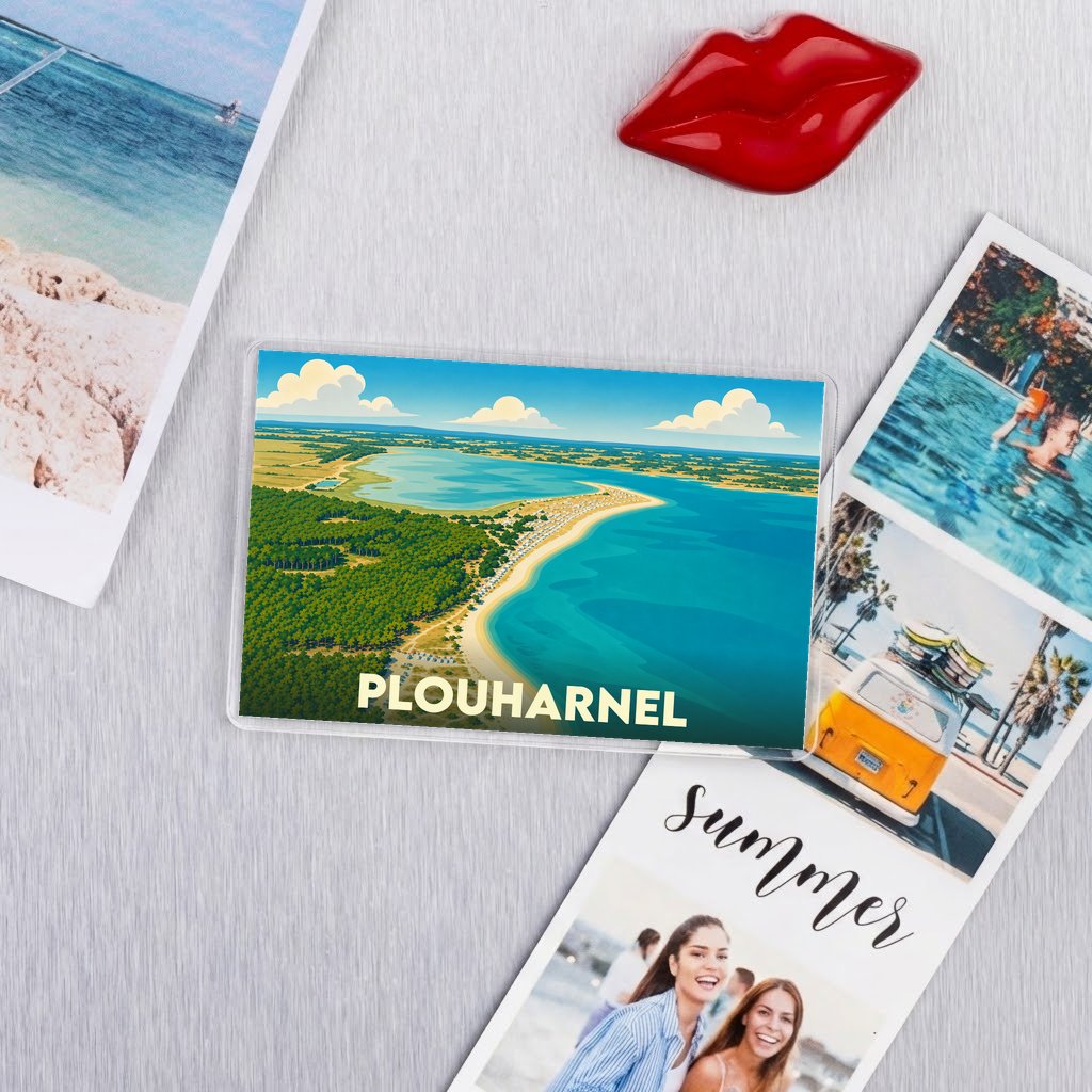 Magnet souvenir de la ville de Plouharnel avec une illustration stylisée du littoral.