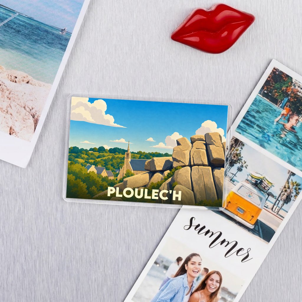 Magnet souvenir de la ville de Ploulec'h avec une illustration stylisée de son église et de ses rochers.